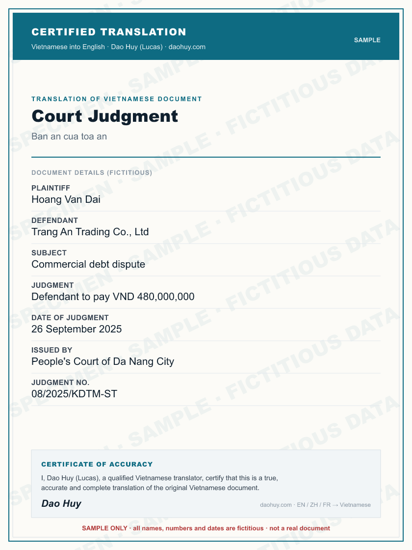 Specimen certified English translation of a Vietnamese Court Judgment (sample, fictitious data)