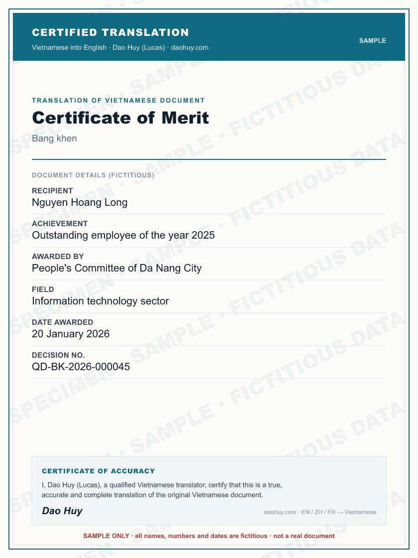 Specimen certified English translation of a Vietnamese Certificate of Merit (sample, fictitious data)