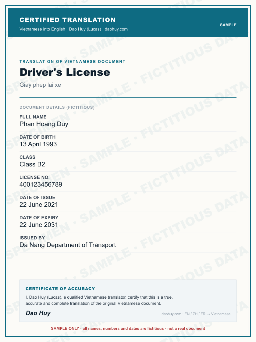 Specimen certified English translation of a Vietnamese Driver's License (sample, fictitious data)
