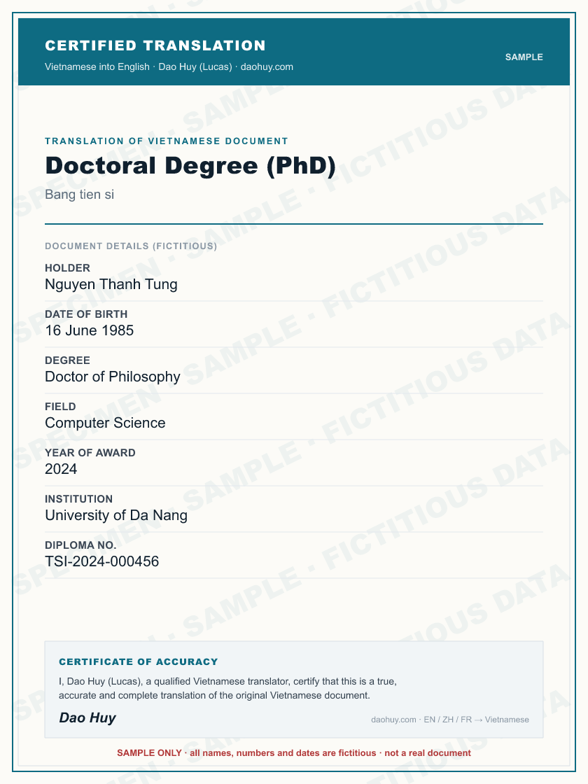 Specimen certified English translation of a Vietnamese Doctoral Degree (PhD) (sample, fictitious data)