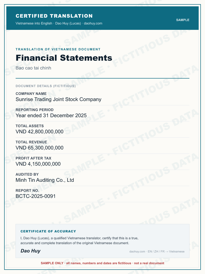 Specimen certified English translation of a Vietnamese Financial Statements (sample, fictitious data)