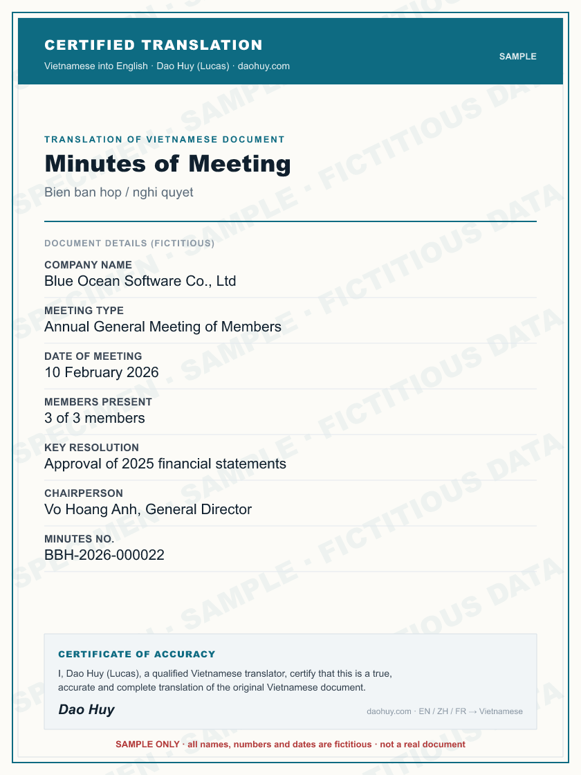Specimen certified English translation of a Vietnamese Minutes of Meeting (sample, fictitious data)