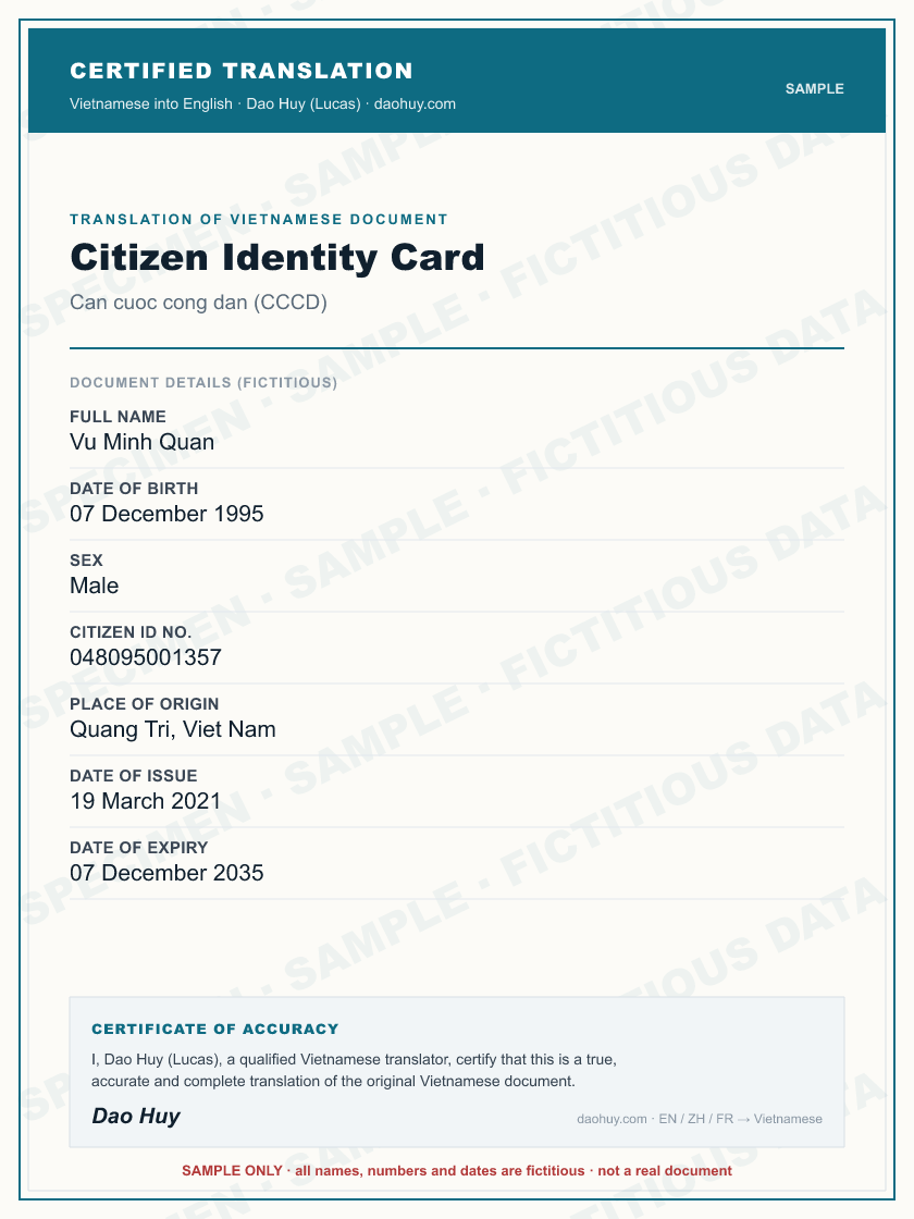 Specimen certified English translation of a Vietnamese Citizen Identity Card (sample, fictitious data)