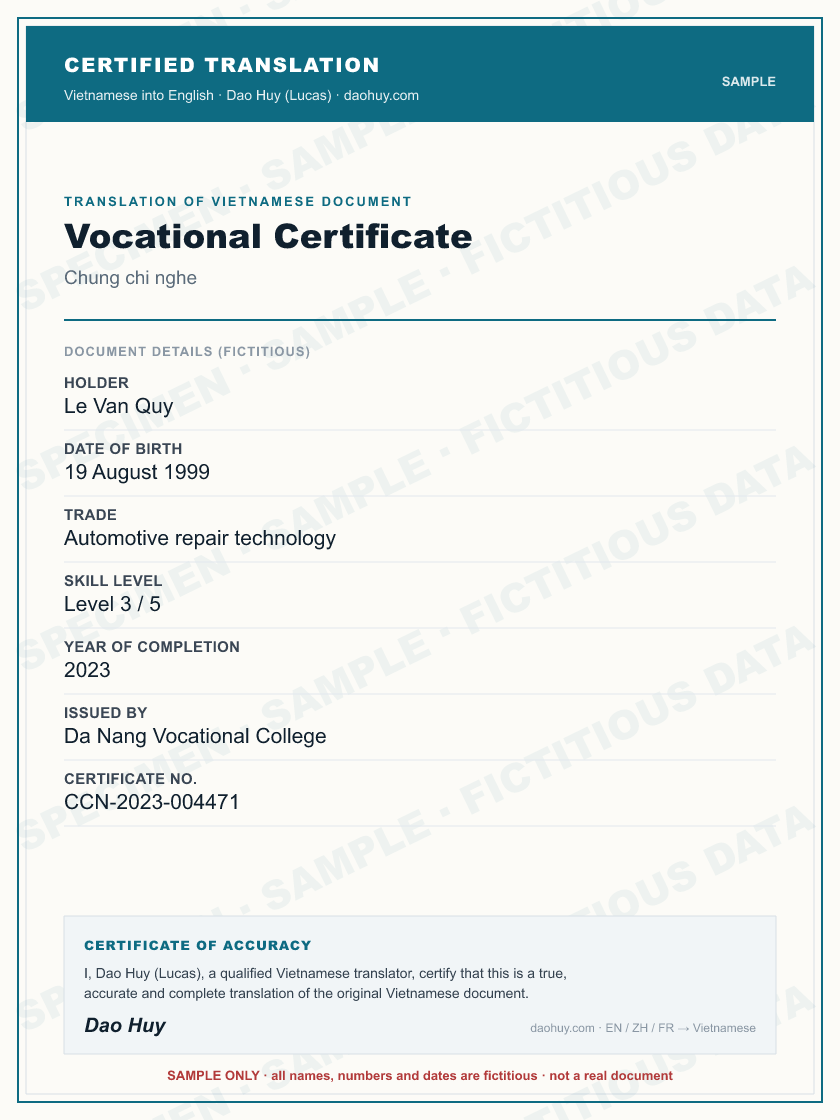 Specimen certified English translation of a Vietnamese Vocational Certificate (sample, fictitious data)