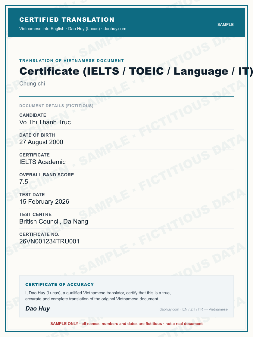 Specimen certified English translation of a Vietnamese Certificate (IELTS / TOEIC / Language / IT) (sample, fictitious data)