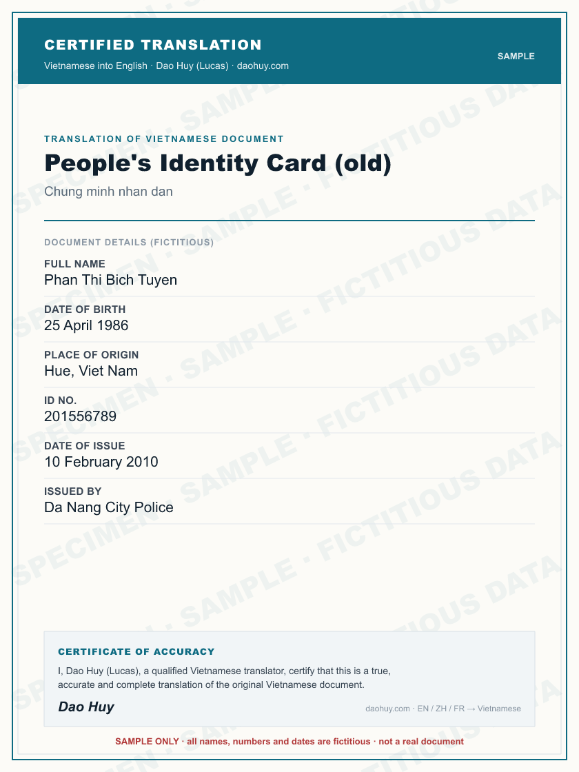 Specimen certified English translation of a Vietnamese People's Identity Card (old) (sample, fictitious data)