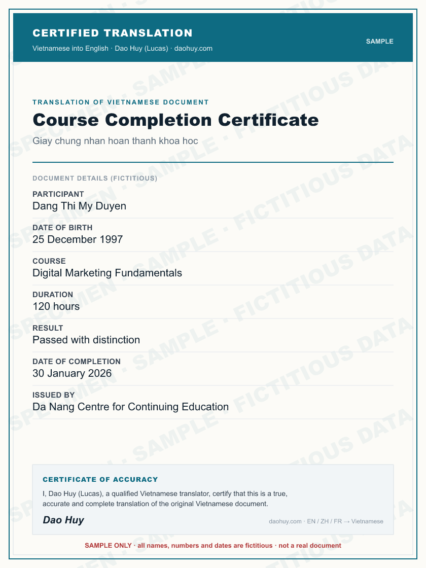 Specimen certified English translation of a Vietnamese Course Completion Certificate (sample, fictitious data)