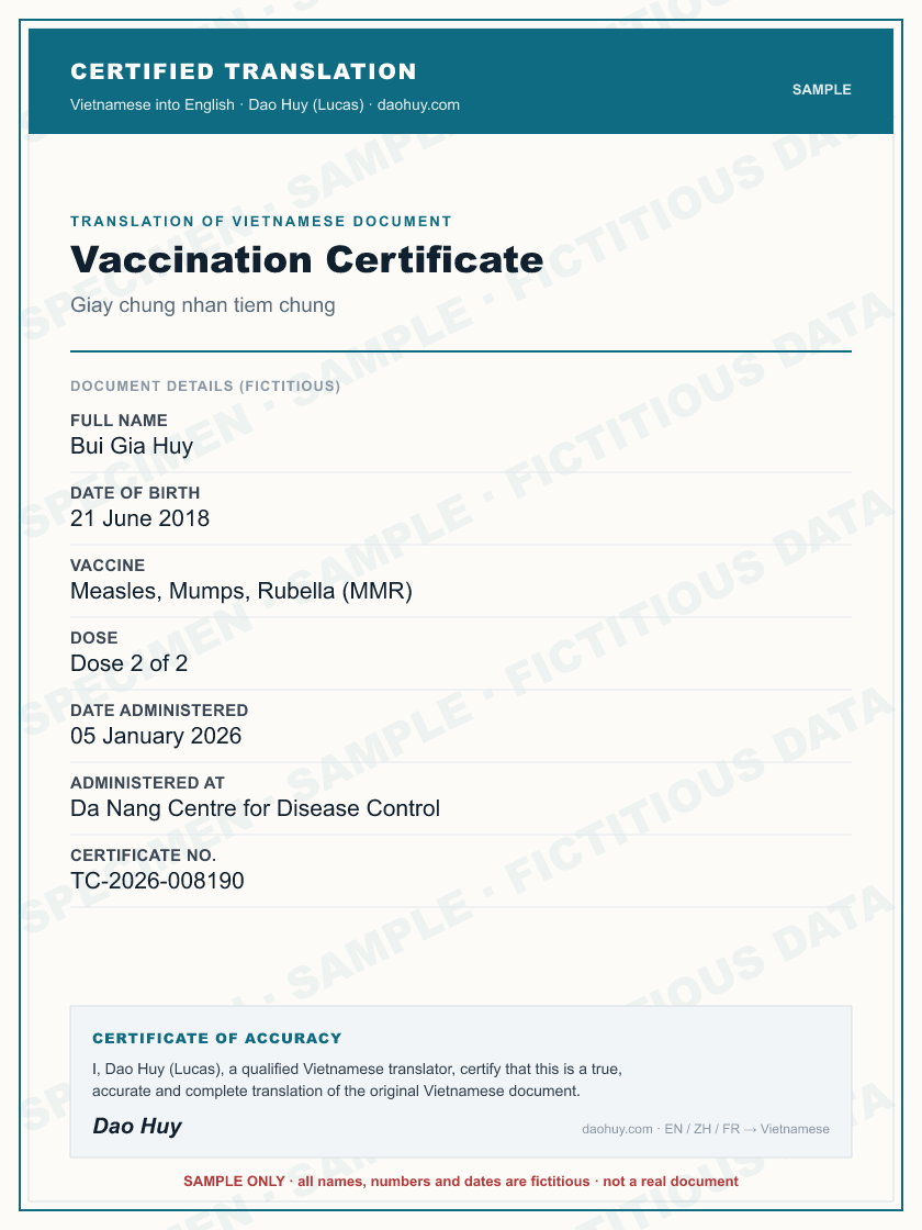 Specimen certified English translation of a Vietnamese Vaccination Certificate (sample, fictitious data)