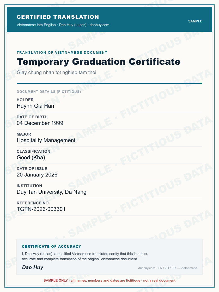 Specimen certified English translation of a Vietnamese Temporary Graduation Certificate (sample, fictitious data)