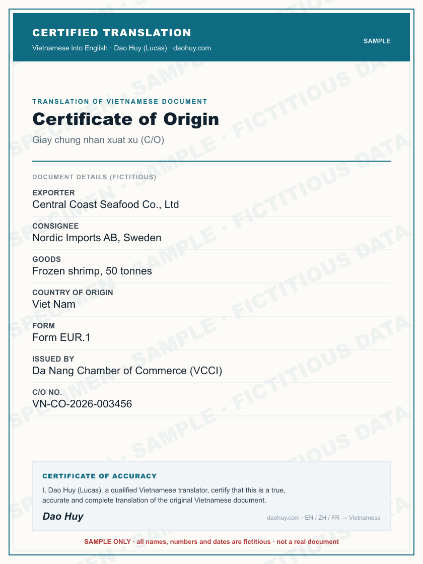 Specimen certified English translation of a Vietnamese Certificate of Origin (sample, fictitious data)