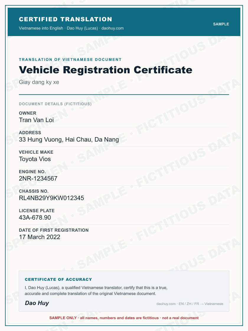 Specimen certified English translation of a Vietnamese Vehicle Registration Certificate (sample, fictitious data)