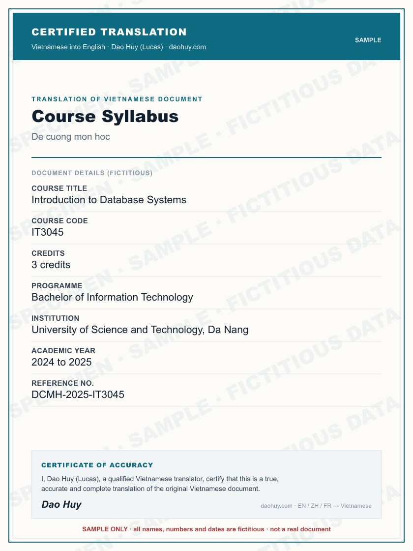 Specimen certified English translation of a Vietnamese Course Syllabus (sample, fictitious data)