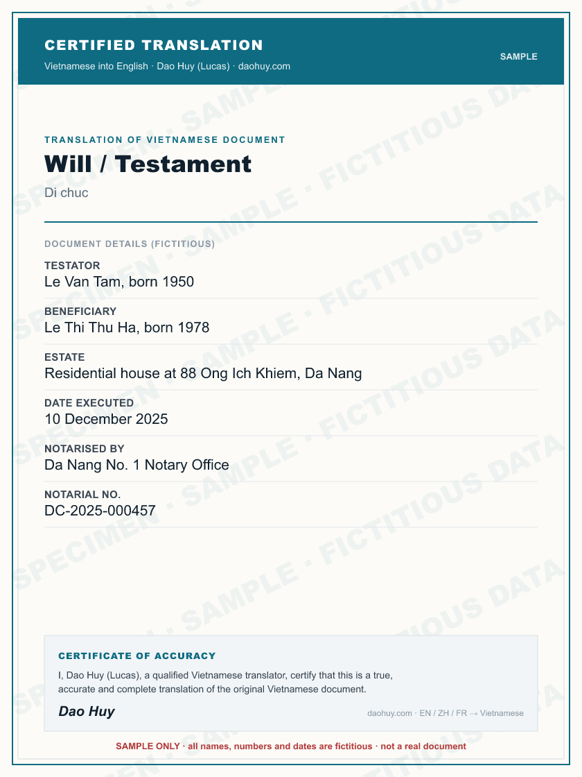Specimen certified English translation of a Vietnamese Will / Testament (sample, fictitious data)