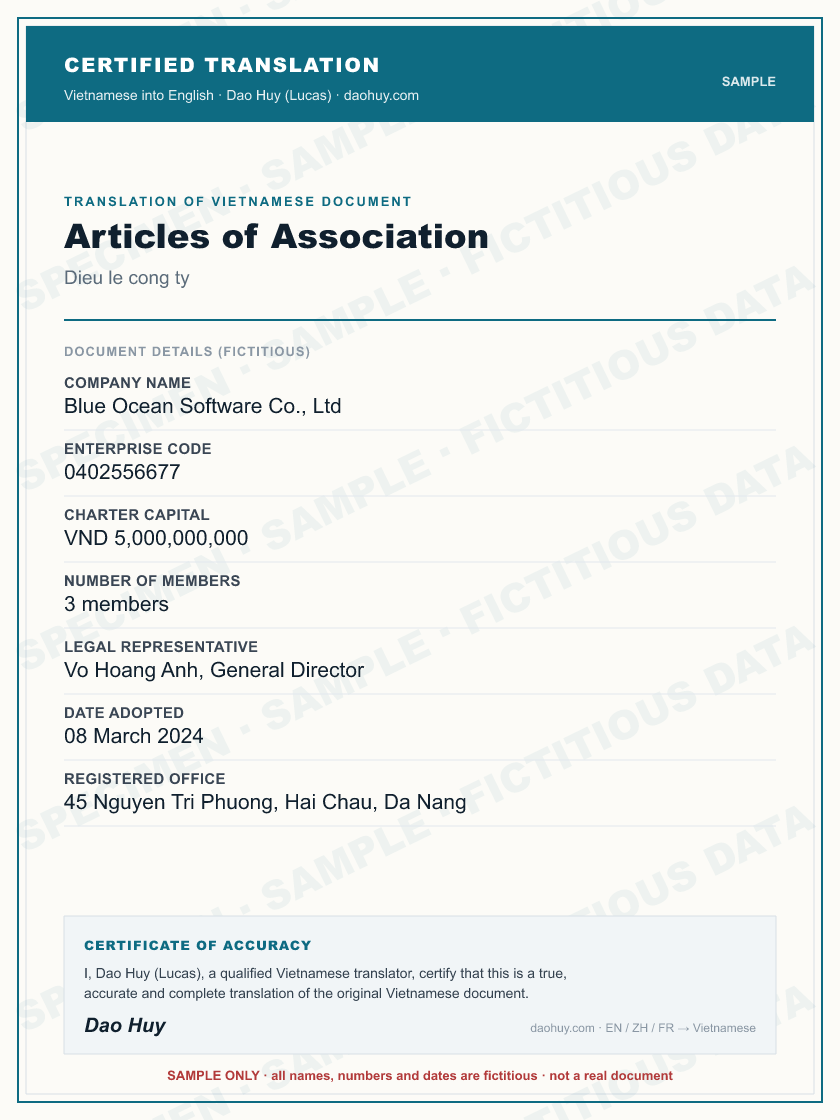 Specimen certified English translation of a Vietnamese Articles of Association (sample, fictitious data)