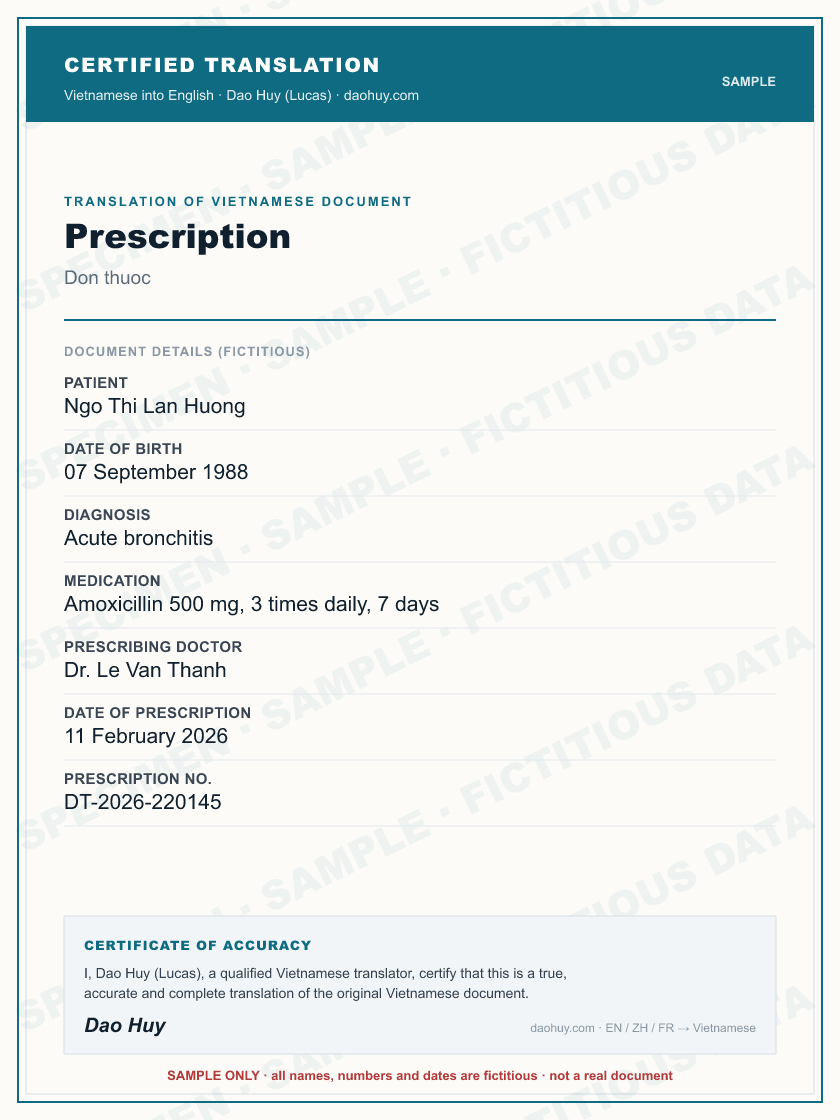 Specimen certified English translation of a Vietnamese Prescription (sample, fictitious data)