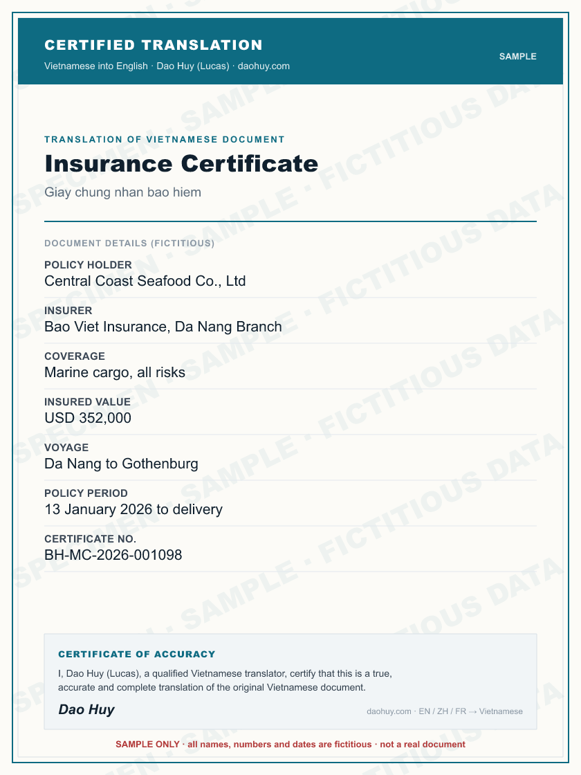 Specimen certified English translation of a Vietnamese Insurance Certificate (sample, fictitious data)