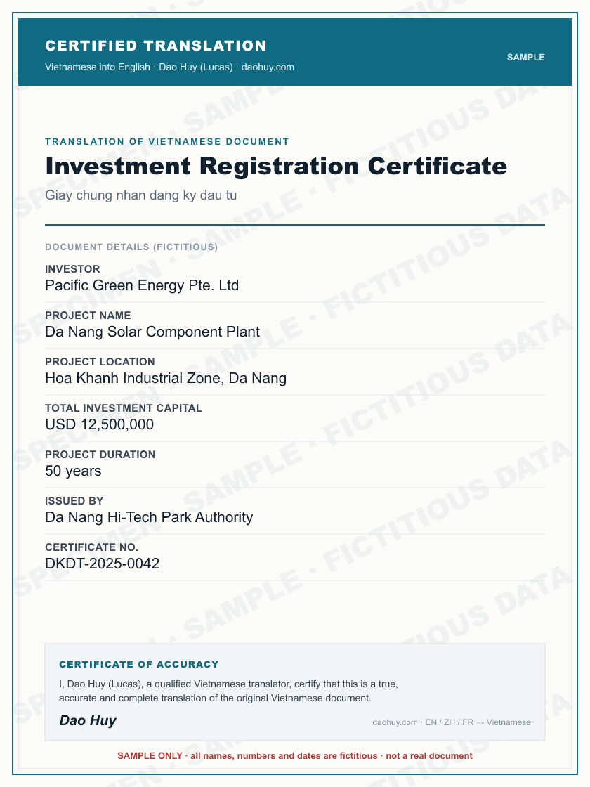 Specimen certified English translation of a Vietnamese Investment Registration Certificate (sample, fictitious data)