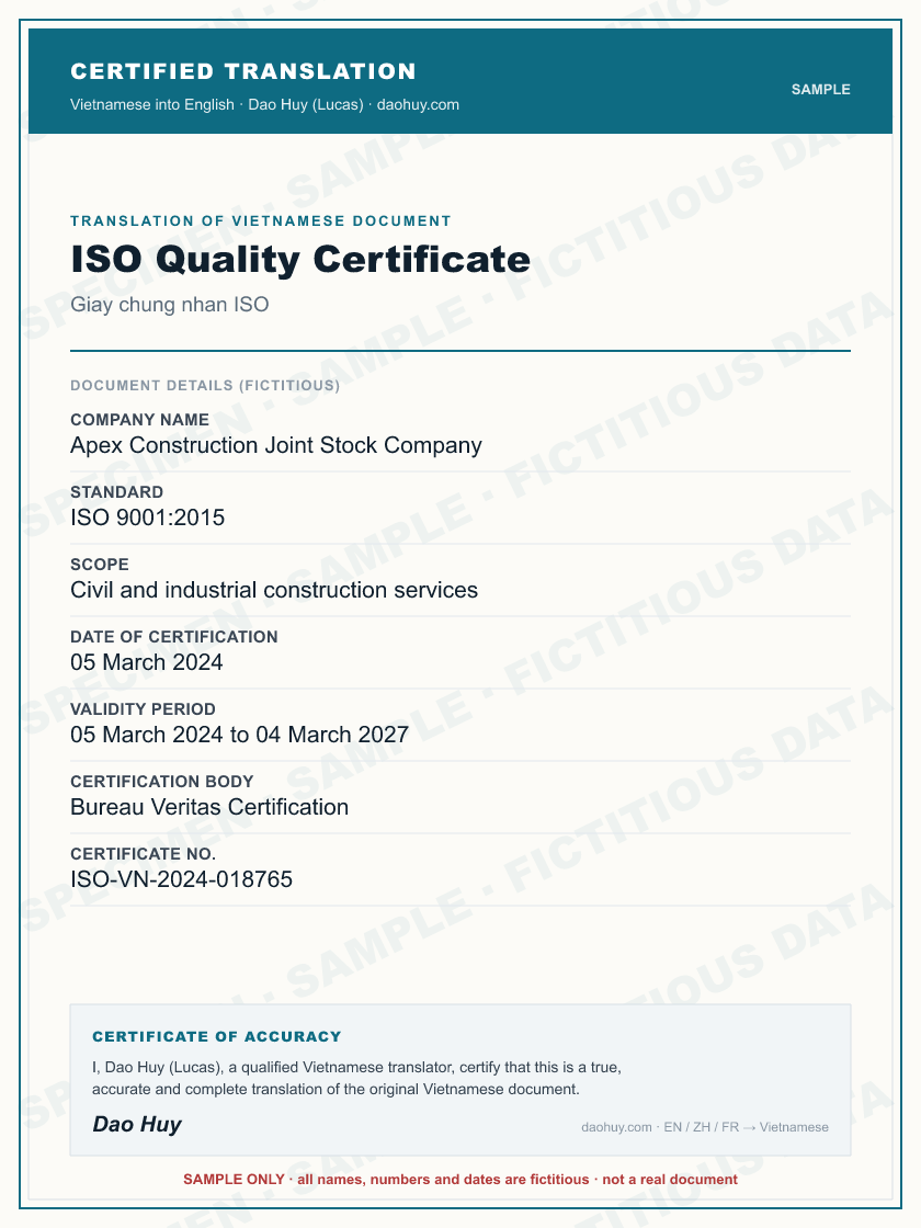 Specimen certified English translation of a Vietnamese ISO Quality Certificate (sample, fictitious data)
