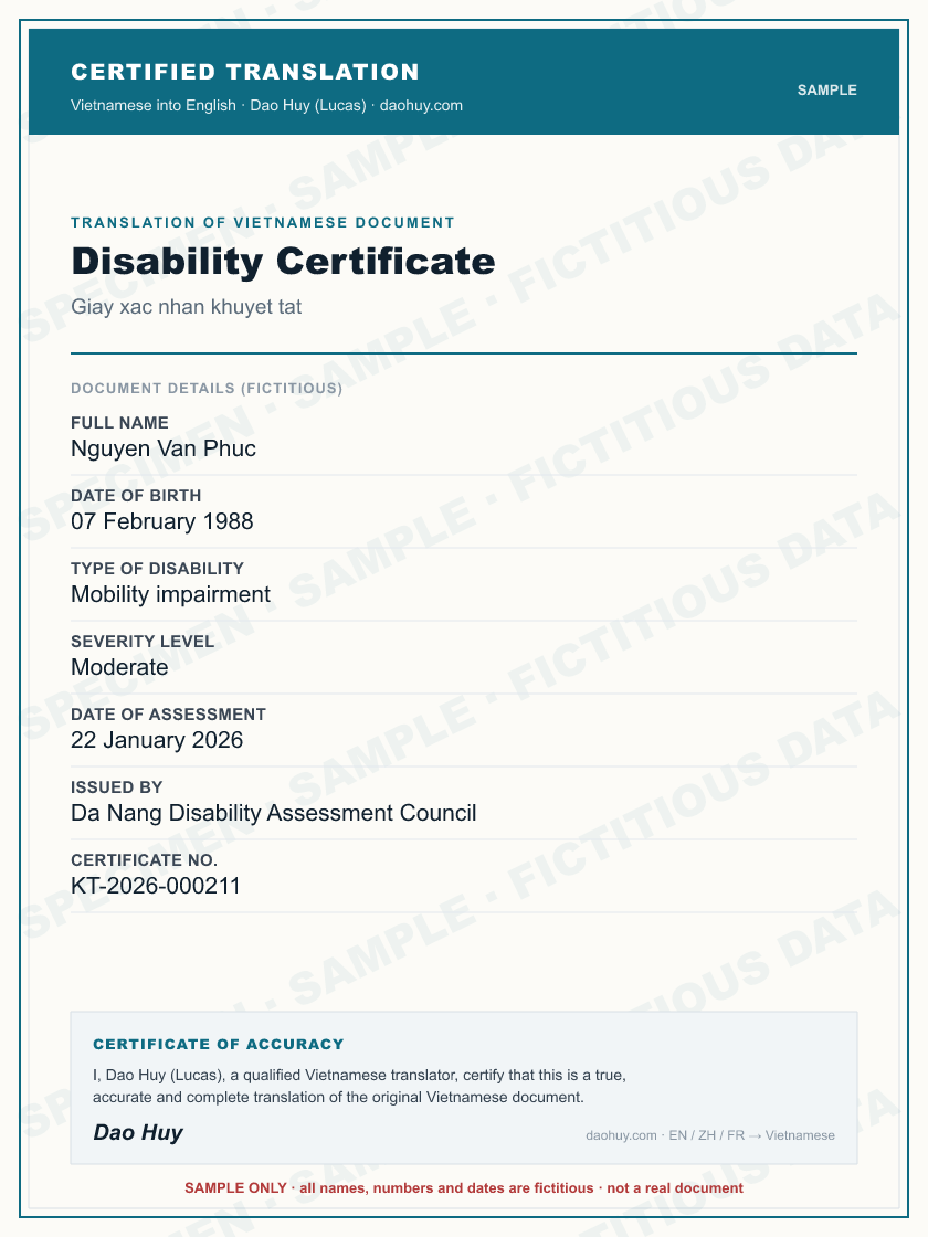 Specimen certified English translation of a Vietnamese Disability Certificate (sample, fictitious data)