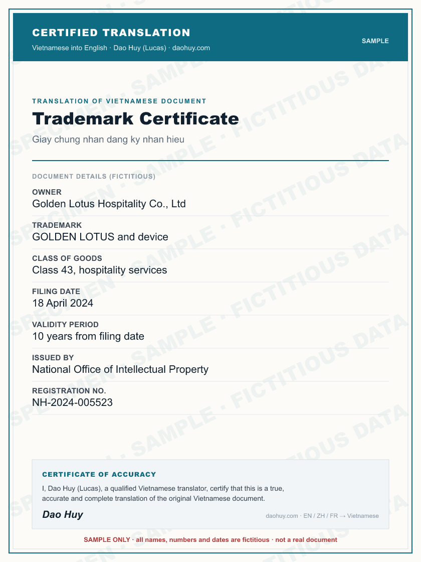 Specimen certified English translation of a Vietnamese Trademark Certificate (sample, fictitious data)