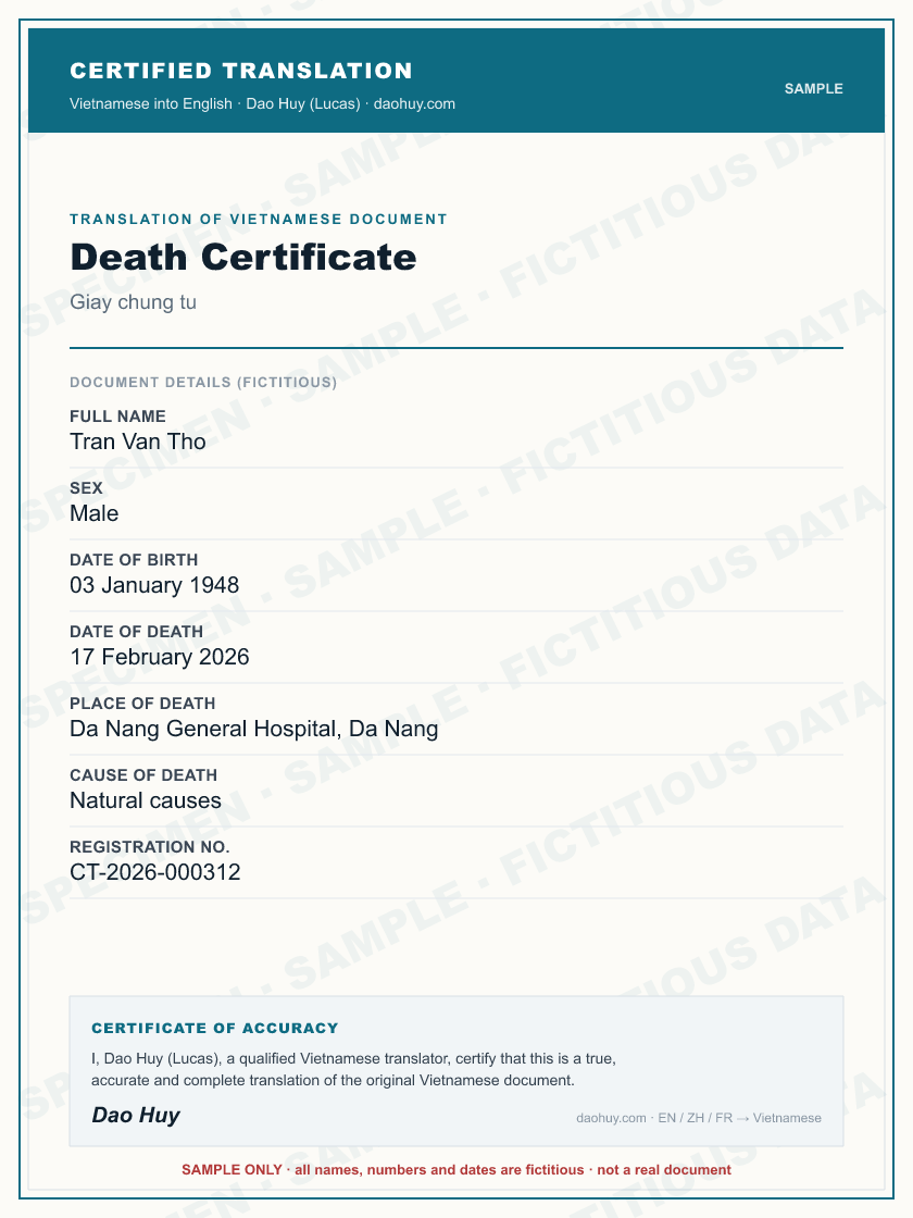 Specimen certified English translation of a Vietnamese Death Certificate (sample, fictitious data)