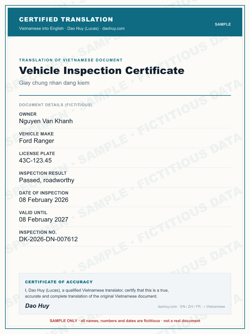 Specimen certified English translation of a Vietnamese Vehicle Inspection Certificate (sample, fictitious data)