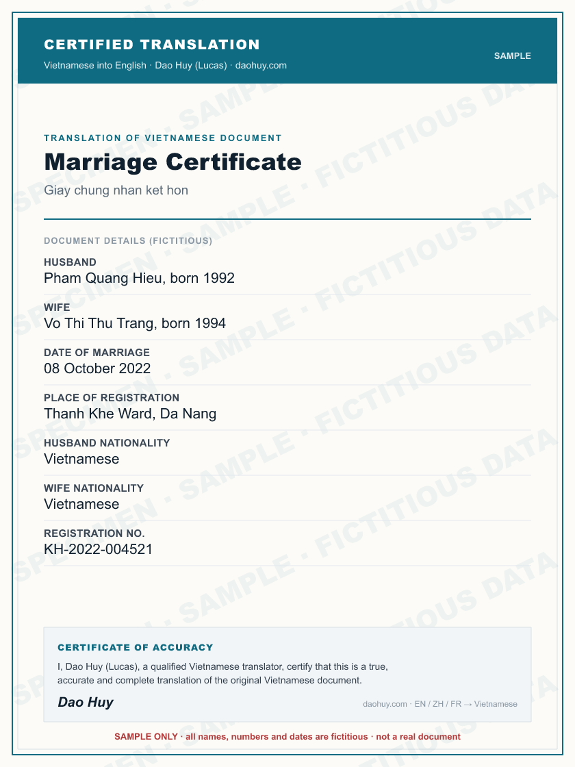 Specimen certified English translation of a Vietnamese Marriage Certificate (sample, fictitious data)