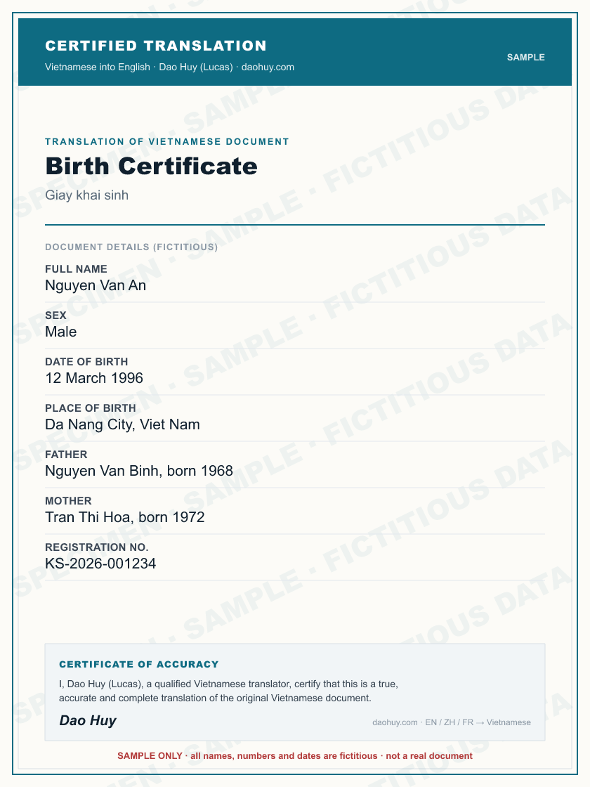 Specimen certified translation of a Vietnamese document (sample)