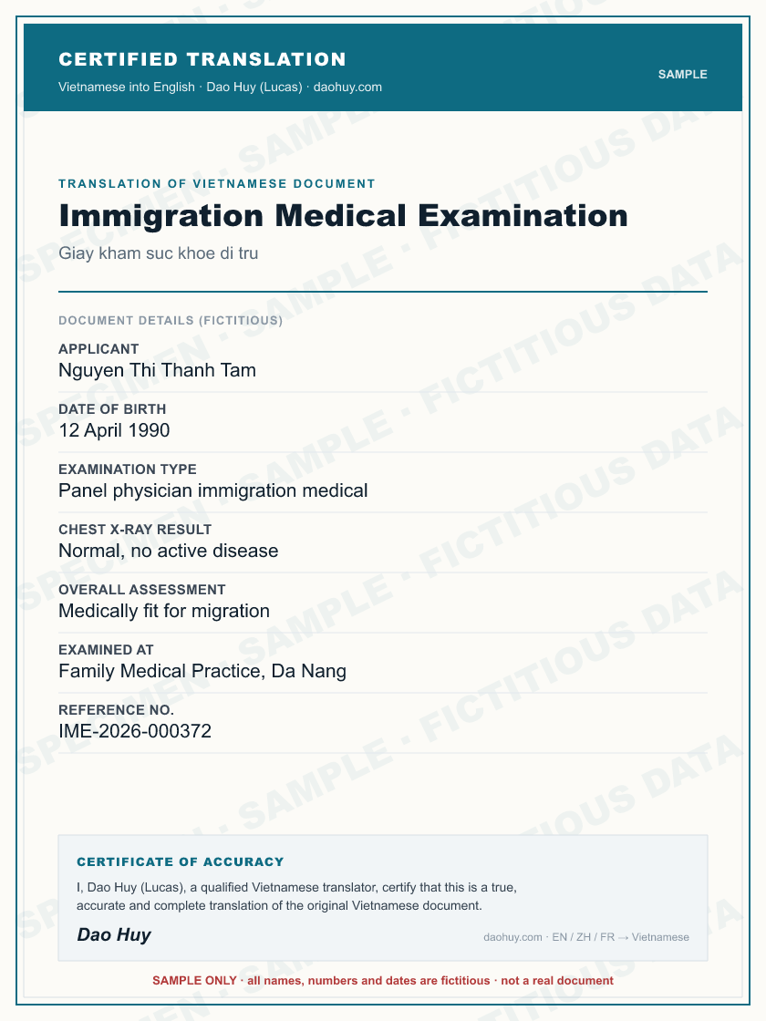 Specimen certified English translation of a Vietnamese Immigration Medical Examination (sample, fictitious data)