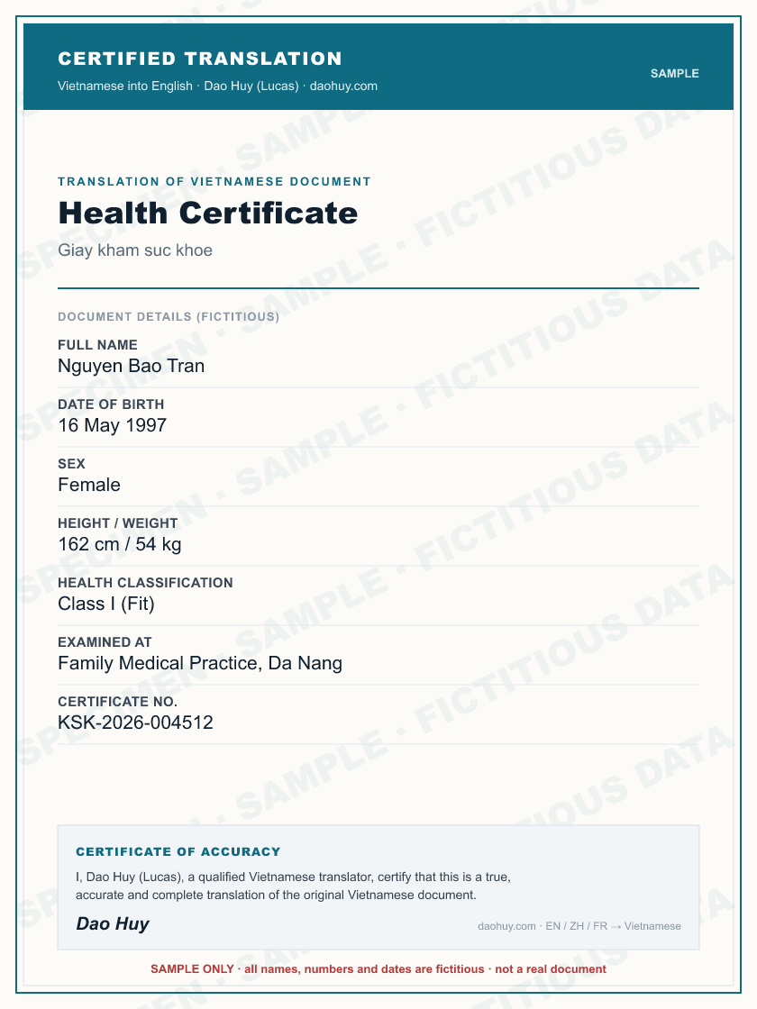 Specimen certified English translation of a Vietnamese Health Certificate (sample, fictitious data)
