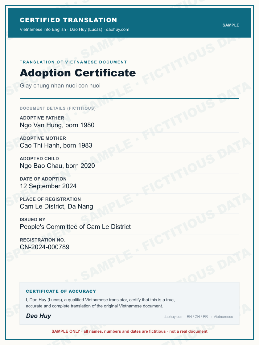 Specimen certified English translation of a Vietnamese Adoption Certificate (sample, fictitious data)
