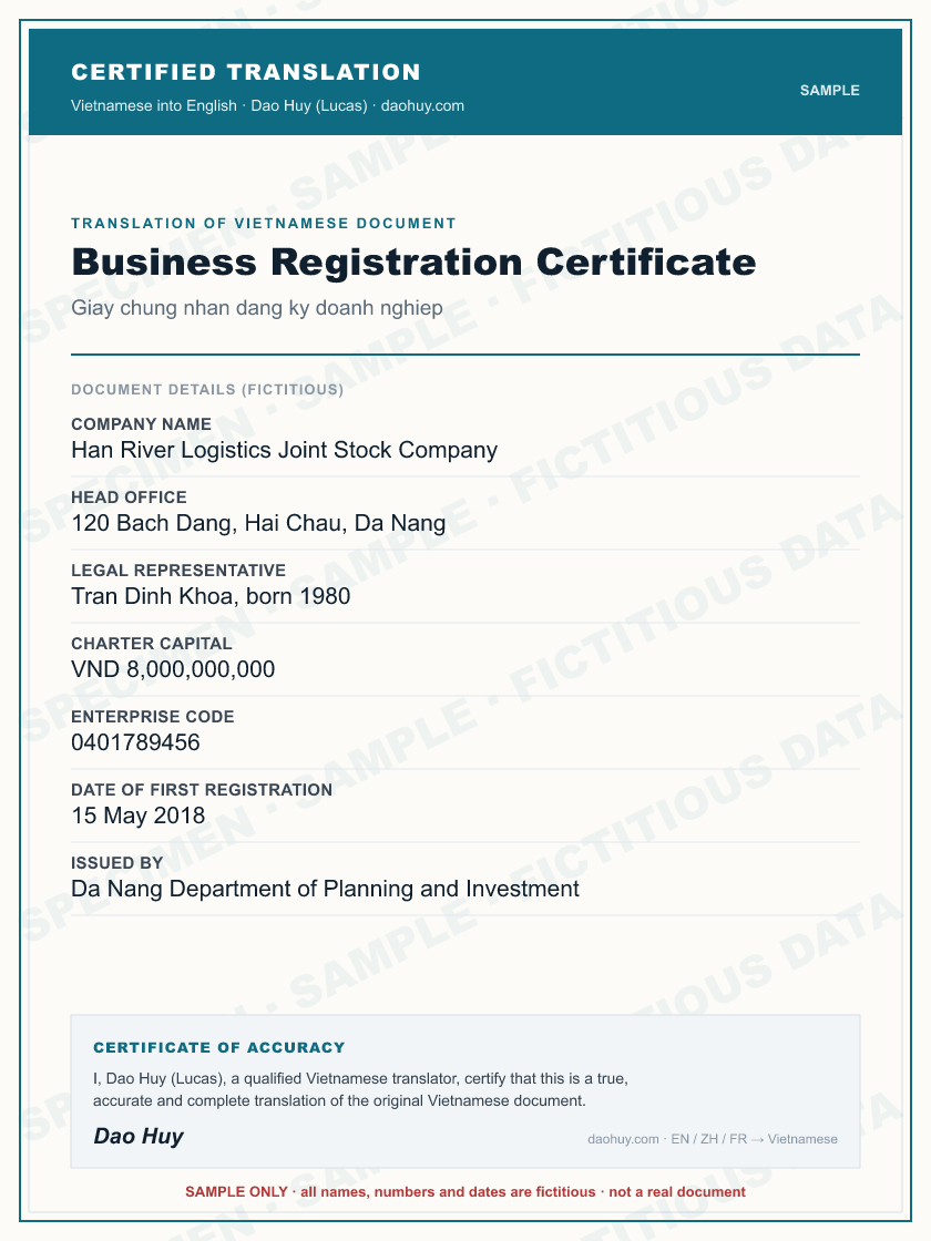 Specimen certified English translation of a Vietnamese Business Registration Certificate (sample, fictitious data)
