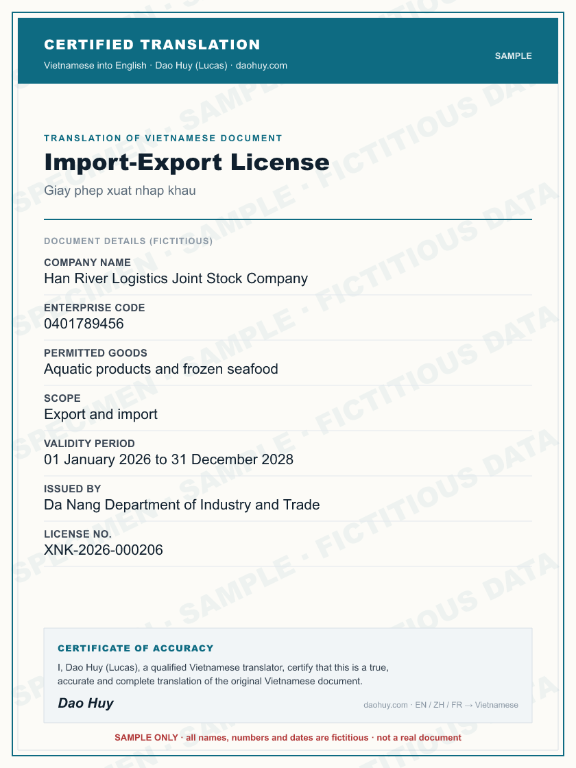 Specimen certified English translation of a Vietnamese Import-Export License (sample, fictitious data)