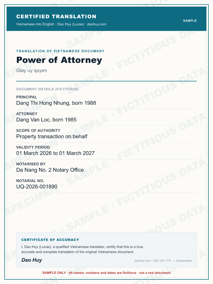 Specimen certified English translation of a Vietnamese Power of Attorney (sample, fictitious data)