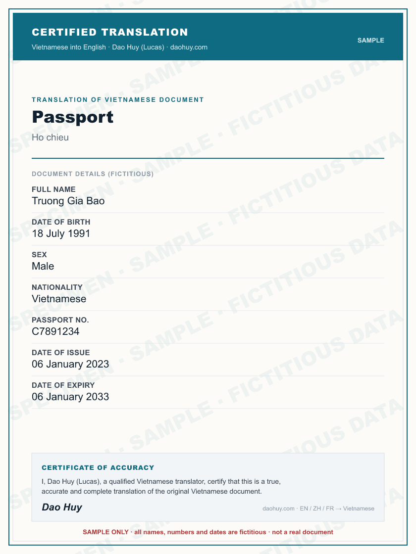 Specimen certified English translation of a Vietnamese Passport (sample, fictitious data)