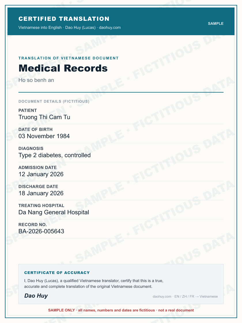 Specimen certified English translation of a Vietnamese Medical Records (sample, fictitious data)