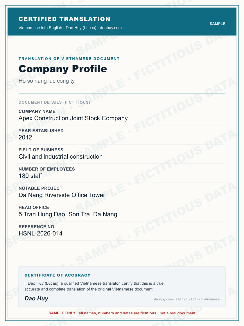Specimen certified English translation of a Vietnamese Company Profile (sample, fictitious data)