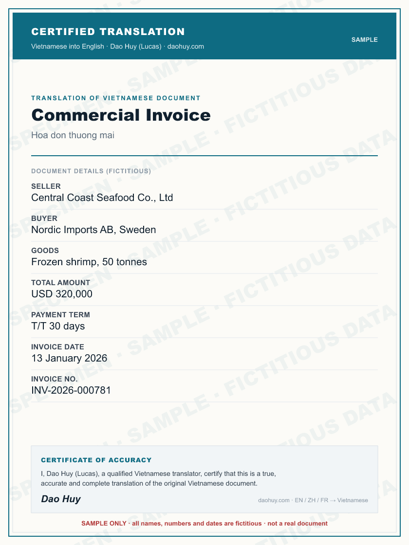 Specimen certified English translation of a Vietnamese Commercial Invoice (sample, fictitious data)