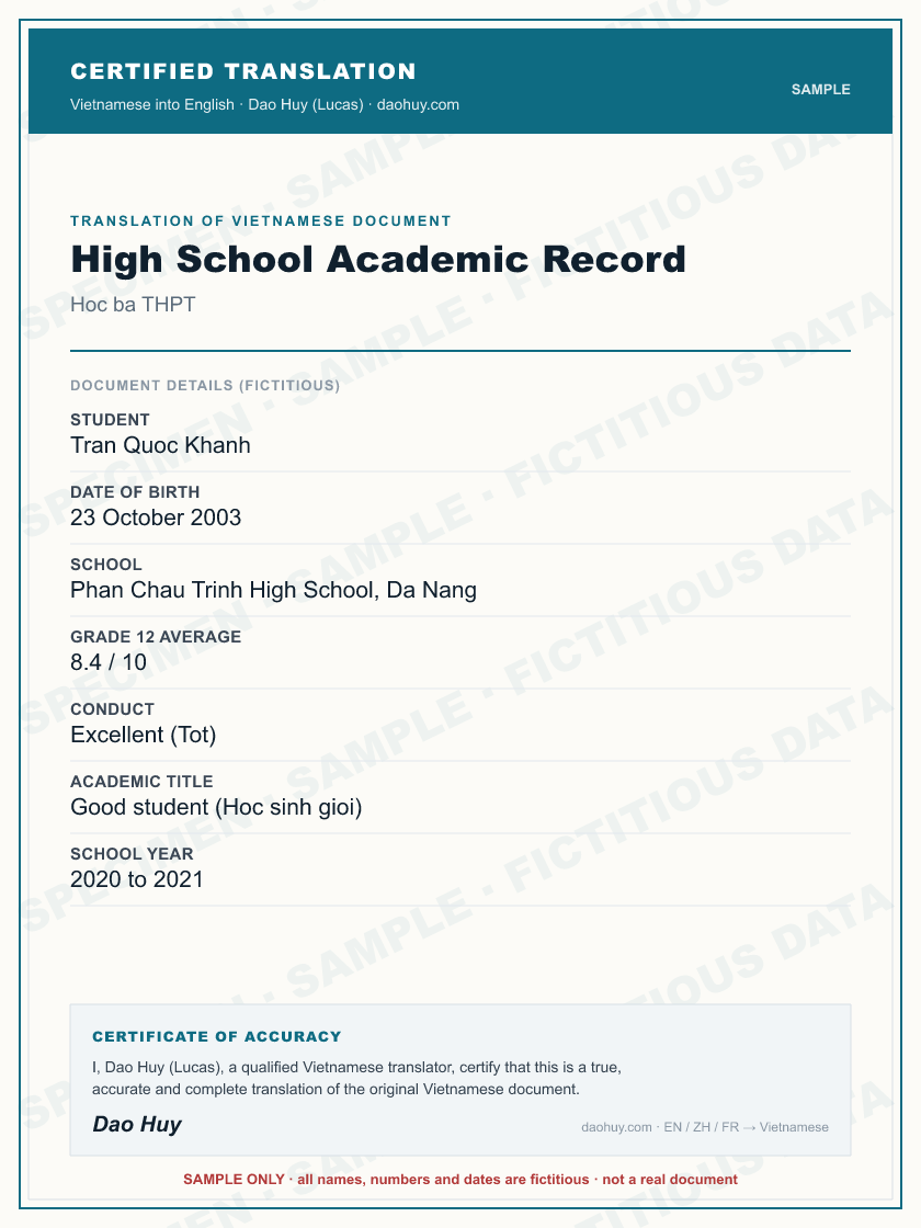Specimen certified English translation of a Vietnamese High School Academic Record (sample, fictitious data)