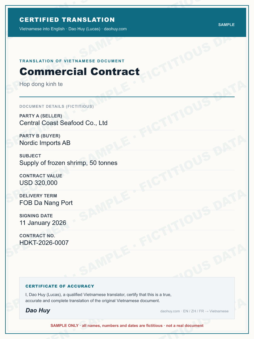 Specimen certified English translation of a Vietnamese Commercial Contract (sample, fictitious data)