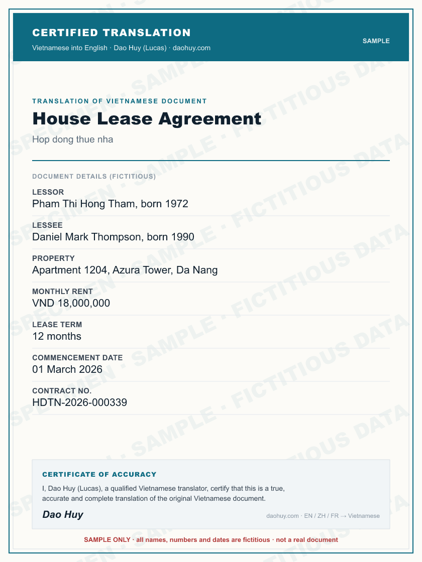 Specimen certified English translation of a Vietnamese House Lease Agreement (sample, fictitious data)