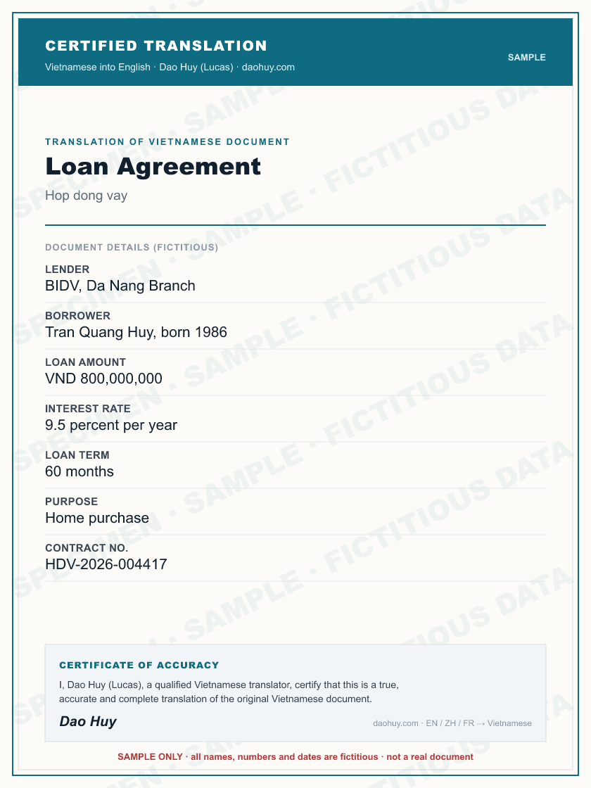 Specimen certified English translation of a Vietnamese Loan Agreement (sample, fictitious data)