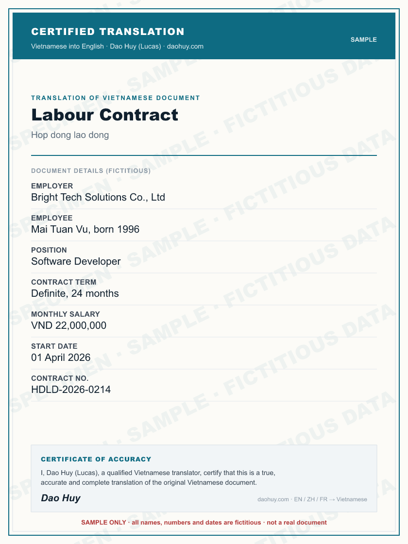 Specimen certified English translation of a Vietnamese Labour Contract (sample, fictitious data)