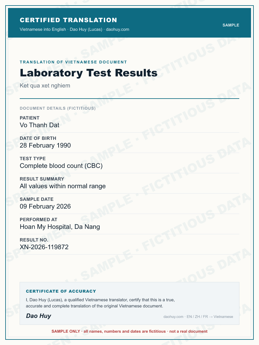 Specimen certified English translation of a Vietnamese Laboratory Test Results (sample, fictitious data)