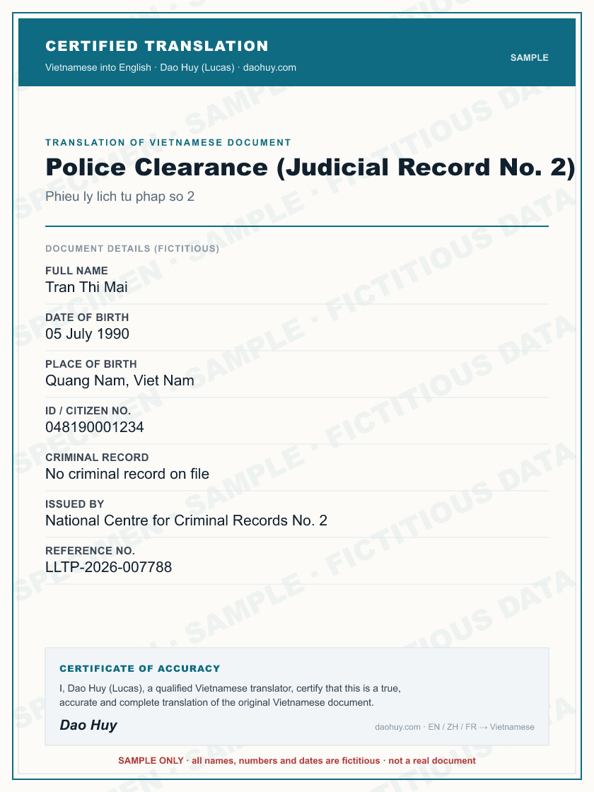 Specimen certified translation of a Vietnamese document (sample)