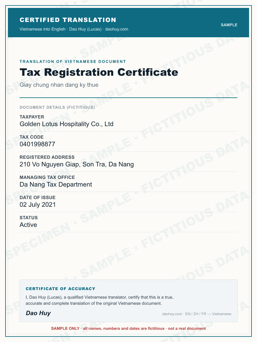 Specimen certified English translation of a Vietnamese Tax Registration Certificate (sample, fictitious data)
