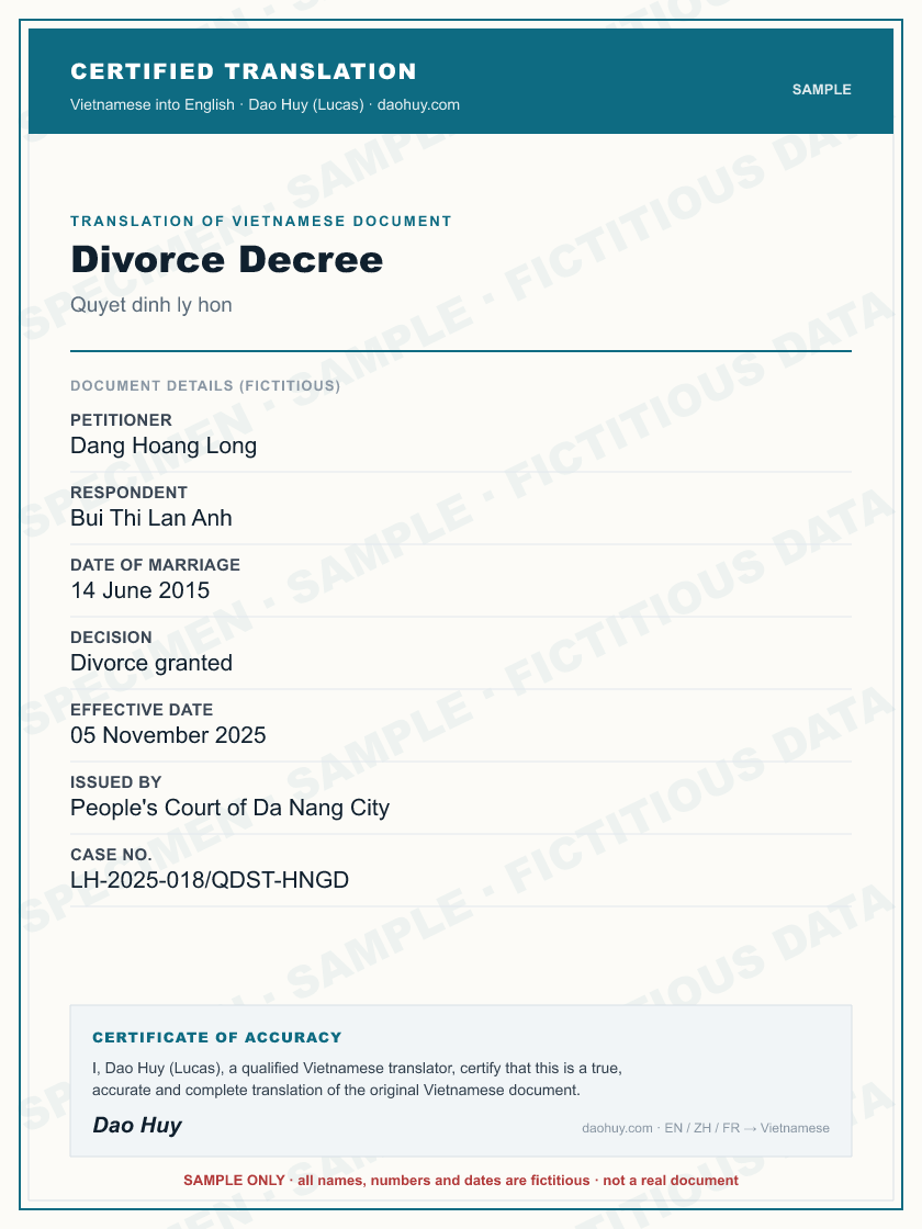 Specimen certified English translation of a Vietnamese Divorce Decree (sample, fictitious data)