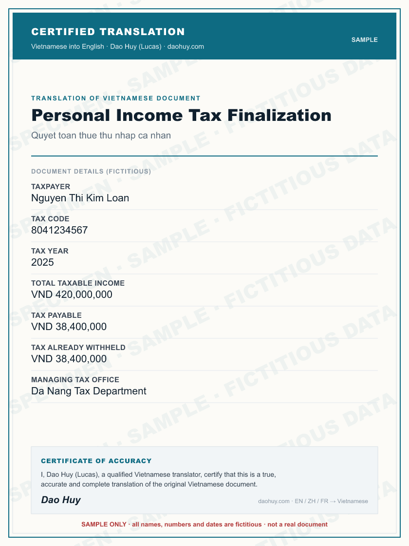 Specimen certified English translation of a Vietnamese Personal Income Tax Finalization (sample, fictitious data)
