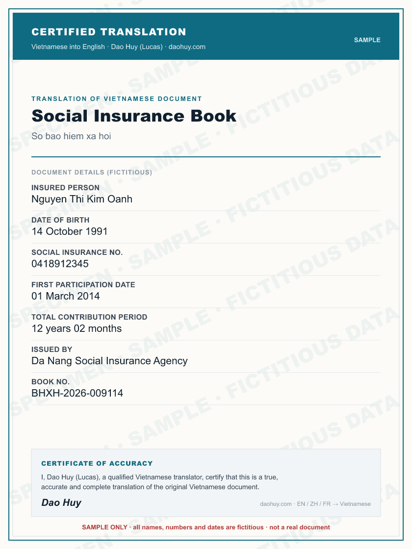 Specimen certified English translation of a Vietnamese Social Insurance Book (sample, fictitious data)