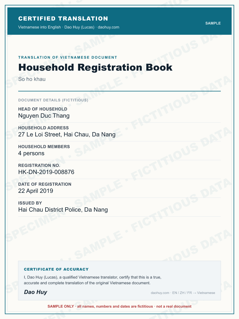 Specimen certified English translation of a Vietnamese Household Registration Book (sample, fictitious data)